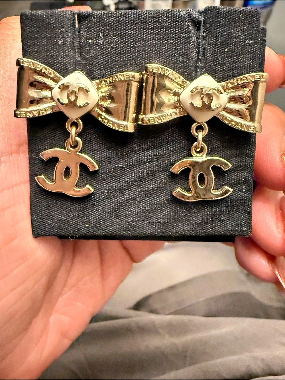 Chanel Gold Metal CC Bow Drop Earrings